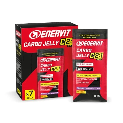 Enervit Carbo Jelly C2:1PRO – Energie-Gummies mit 30 g Kohlenhydraten pro Portion, tropischer Geschmack, Vegan, Glutenfrei, Leicht Verträglich, Box mit 7 Portionen