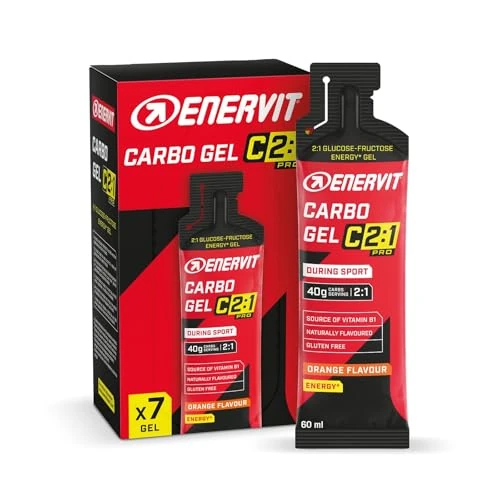 Enervit Carbo Gel C2:1PRO Orange, Gel Energetico, 40g di Carboidrati, Attività ad Alta Intensità, +50% di Carboidrati Assorbiti, Gusto Arancia, Senza Glutine, Vegan, Alta Digeribilità, 7 Pack da 60ml