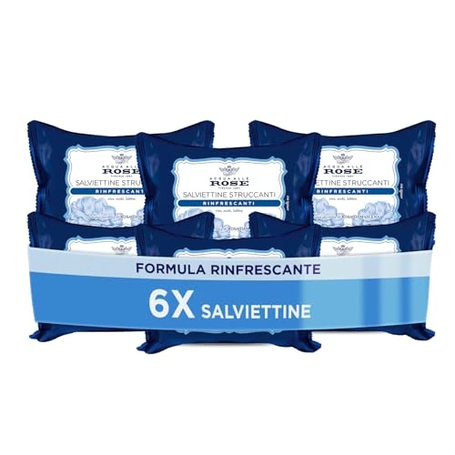 Acqua alle Rose, Salviettine Struccanti Rinfrescanti per tutti i Tipi di Pelle, con Acqua Distillata di Rosa Damascena, Azione Struccante su Viso, Occhi e Labbra - 6 Confezioni da 20 Salviettine