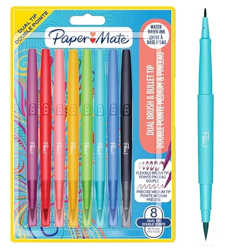 Pennarelli con DOPPIA punta Paper Mate Flair | Pennello e punta media (0,7mm) | Penne per colorate a doppia estremità | Colori assortiti | 8 pz.