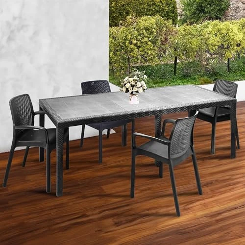 Offerta a tempo: Dmora - Set salotto da esterno Manarola, Ripiano allungabile da esterno con 4 sedie, Tavolo e sedute da giardino effetto rattan, 100% Made in Italy, Antracite - 19% da 268.99 € a 216.99 €