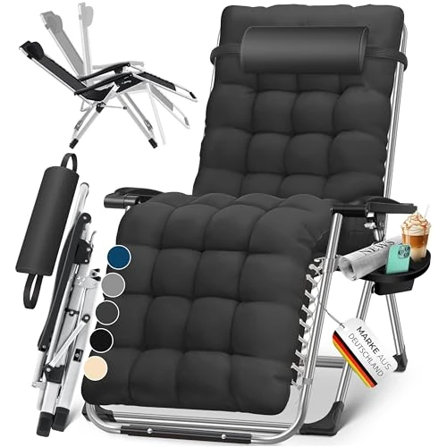 KESSER® Folding Sun Lounger with Drink Holder Garden Chair with Cushion Cushion Deck Chair Extra Large Garden Lounger Adjustable Backrest Garden Lounger Including Neck Cushion Black (Black)