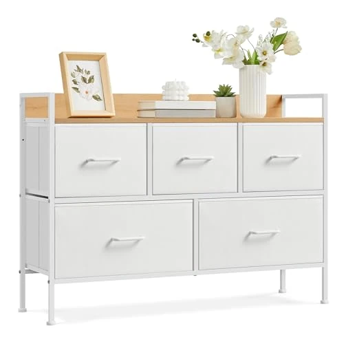 SONGMICS Commode, Armoire, Meuble de Rangement, 5 Tiroirs en Tissu avec Poignées, Cadre en Métal, Style Moderne, Blanc Nuage et Beige Chêne LTS135W01