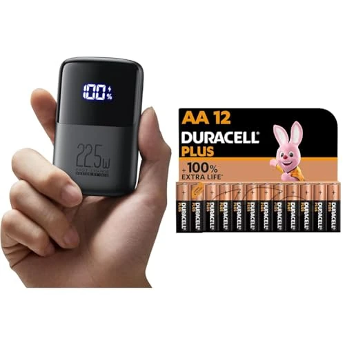 INIU Power Bank & Duracell Plus Batterien AA, 12 Stück, langlebige Power, AA Batterie für Haushalt und Büro