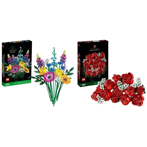 LEGO Icons Bouquet di Rose, Set di Fiori Finti da Costruire, Hobby Creativi per Adulti & 10313 Icons Bouquet Fiori Selvatici Finti con Papaveri e Lavanda Artificiali