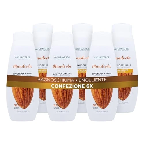 Naturaverde | Natural Beauty - Baño de burbujas Almendra, Gel de ducha Emoliente, Ingredientes de Origen Natural, 6 x 750ml