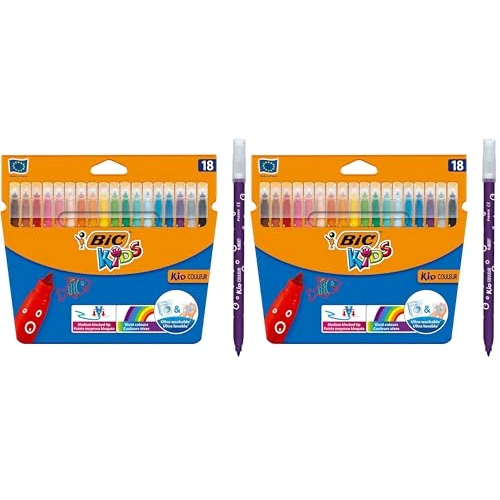 BIC Kids Kid Couleur Felt Tip Colouring Pens - Assorted Colours, Water-Based, Cardboard Wallet of 18 (Pack of 2)