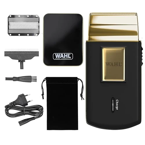 Wahl Travel Shaver Gold Edition Cordless Rechargeable Electric Shaver for Men, Ideal for Travel, Hair and Beard, Compact and Portable