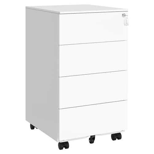 Limited offer: SONGMICS OFC064W14 Office Study Desk Storage Unit with Wheels for Documents and Stationery with 4 Drawers and Lock, Pre-Assembled, 45 x 39 x 69.4 cm, Cloud White from 132.99 EUR to 106.39 EUR (save 20%)
