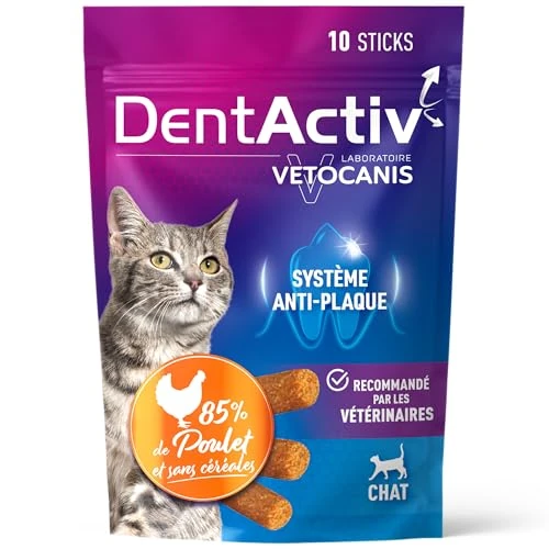 Vetocanis | Dentactiv | Stick Dental Gatos | Golosinas | Chuches Gatos Deliciosas | Higiene y Salud| Snack 85% Pollo | Comida Recomendada por Veterinarios | Sistema Anti-Placa