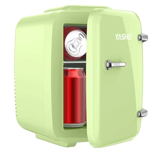 YASHE Mini-koelkast voor slaapkamer, 4 liter/6 blikjes, thermo-elektrische koelbox, 110 V AC/12 V DC en drankverwarming, kantoor, slaapkamer, auto, groen