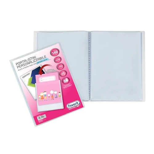 Favorit, Portalistini Personalizzabile, 140 Buste Lisce, Tasca Frontale, 22 x 30cm, Trasparente