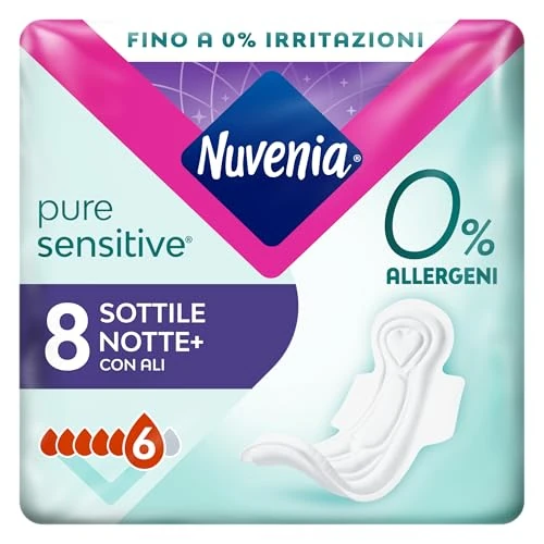 Offerta a tempo: Nuvenia - Assorbente Pure Sensitive Sottile Notte con Ali - Confezione da 8 Assorbenti - 41% da 2.49 € a 1.46 €