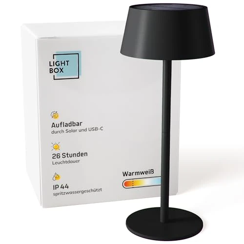 Lightbox LED Outdoor Table Lamp, Wireless Mobile Outdoor Lamp with Solar, 3 Levels Touch, Dimmable, Battery-Operated Table Lamp (300 lm, 3000 K), Made of Metal and Plastic in Black, Balcony Decoration