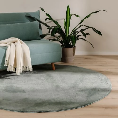 Tijdelijke aanbieding: benuta Basic Vloerkleed woonkamer Furry - Groen Rond 120 cm - Zacht Kunstvezel Vachtkleed - Rug hoogpolig - Antislip onderkant - Wasbaar carpet - Voor vloerverwarming geschikt - Tapijt living room van 55.90 EUR naar 55.90 EUR (korting 0%)