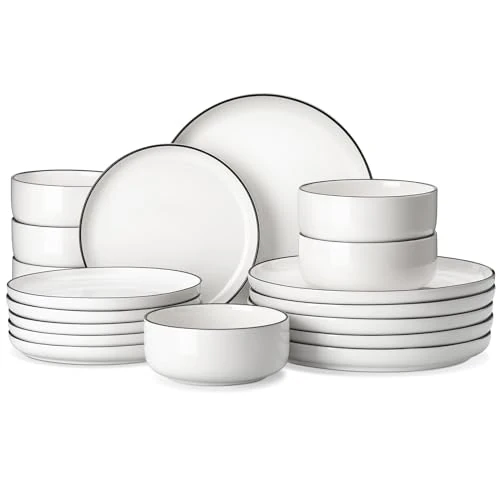 Offerta a tempo: MALACASA Serie LUNA Set di Piatti 18 Pezzi in Porcellana per 6 Persone con Piatti Piani Grandi, Piatti da Dessert, Ciotole, Servizio di Piatti Rotonde Bianco con Bordo Nero - 21% da 105.18 € a 82.93 €