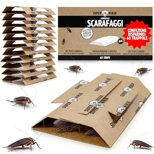 Super Ninja Trampas para Cucarachas – Pack de 60 Unidades, Trampa Adhesiva con atrayente Natural, Mata cucarachas sin tóxicos, Ideal para casa, Cocina, Garaje y despensa, duración hasta 3 Meses