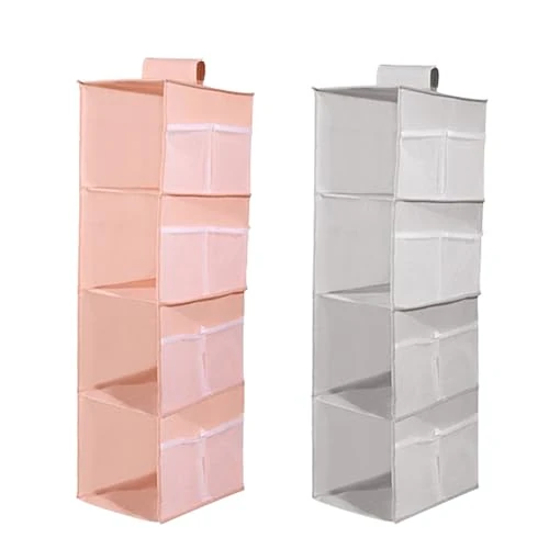 Offerta a tempo: DQZSY 2 scaffali sospesi, 4 scomparti, organizer da appendere, con 12 tasche laterali in rete, per armadietti familiari, camera da letto, pieghevoli e universali (grigio e rosa) - 36% da 19.99 € a 12.79 €