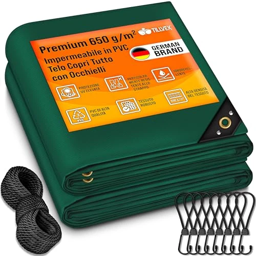 tillvex® Afdekzeil, met ingestanste ringen, 10x spanrubber, 15 m touw, 650 g/m², waterdicht en scheurvast, premium pvc-zeil, universeel, geschikt voor vrachtwagen, zwembad, tuinmeubelen en tuinzeil,