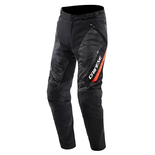 Dainese - Spodnie motocyklowe Drake 2 Super Air Tex, siatkowe spodnie motocyklowe, wentylowane i lekkie, ze zdejmowanymi ochraniaczami, męskie, czarne/antracytowe/czerwono-fluorowe, 54