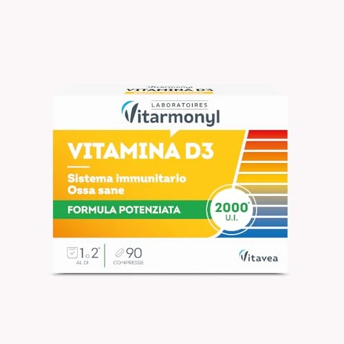 Offerta a tempo: Vitamina D3 - Formula Potenziata 2000 UI - Integratore Difese Immunitarie - Assorbimento Calcio e Fosforo, Salute Ossa, Denti e Muscoli - Sistema Immunitario - 90 Compresse - Vitarmonyl - 51% da 6.00 € a 2.96 €