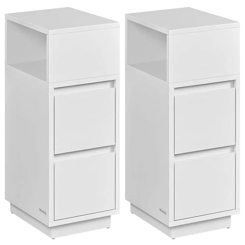 VASAGLE KAILYN Collection - Slim Bedside Tables, Set of 2 Small Narrow Side End Tables with Drawers, Flexible Open Compartment, for Bedroom, Living Room, Cloud White LET856W01
