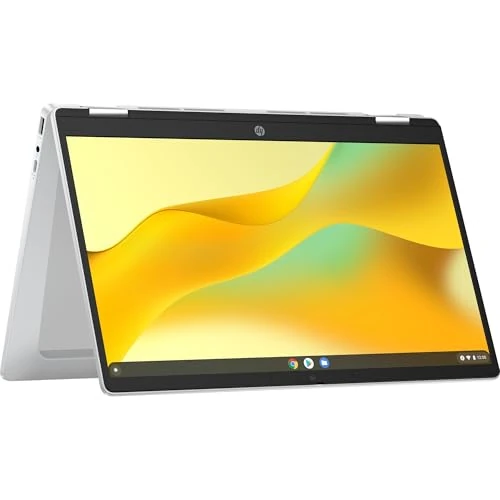 HP Chromebook x360 14b-cd0001sl, Intel Celeron N100, 4 GB RAM LPDDR5, eMMC 128 GB, Touchscreen 14 Zoll FHD, SVA, Blendschutz, integrierte Intel Grafikkarte, WLAN, ChromeOS, HD-Webcam, Silber