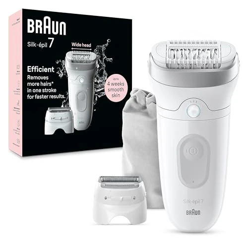 Braun Silk-épil 7 damski depilator, elektryczny depilator dla kobiet z szeroką głową do łatwej depilacji, mokra i sucha, długa gładka skóra, 7-041, biały/srebrny