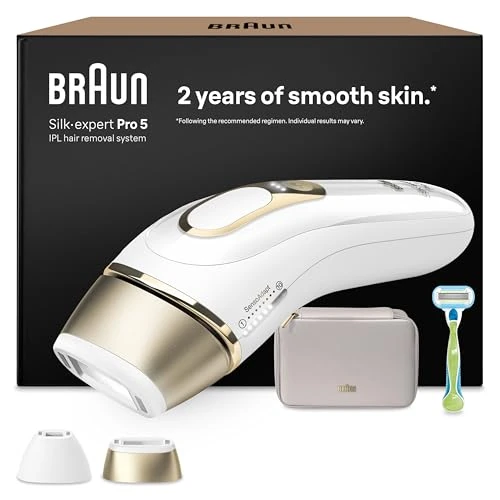 Braun Silk-expert Pro 5 PL5152 Pulserend licht, ontharing thuis, alternatief voor laserontharing, IPL-haarverwijderaar met hoes, Venusscheerapparaat, 2 opzetstukken voor gezicht en lichaam, wit/goud