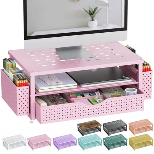 Offerta a tempo: gianotter Supporto per monitor con cassetto e portapenne, organizer da scrivania e accessori, rialzo per monitor a 2 livelli, decorazione per ufficio rosa da donna (rosa) - 0% da 36.42 € a 36.42 €