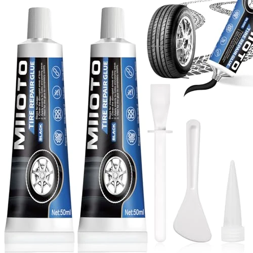 Miioto Pack of 2 Tyre Adhesive Tyres Rubber Glue Black with Nozzle and Scraper, Multifunctional, Quick Repair of Cracks, Holes and Flaking of Various Tire Rubbers - 100 ml