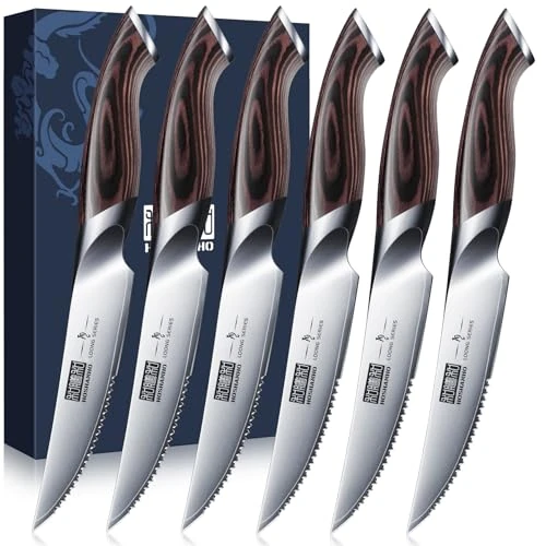 HOSHANHO Juego Cuchillo de Carne 6 Piezas, Ultra Afilados de 11.5 CM, Cuchillos de Mesa Serrados, Cuchillos de Bistec Japoneses de Acero de alto Carbono con Mango Ergonómico