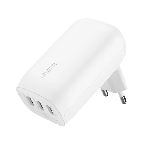 Belkin BoostCharge Chargeur Secteur 3 Ports USB-C avec PPS de 67 W (pour appareils USB-C PD 3.1 comme l’iPhone 16 (Tous modèles), MacBook Pro, AirPods, Galaxy, etc., Blanc)