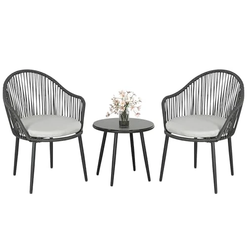 Outsunny Juego de salón de jardín de ratán de 3 piezas, salón de exterior con 2 sillones con cojines y mesa de café de cristal, gris