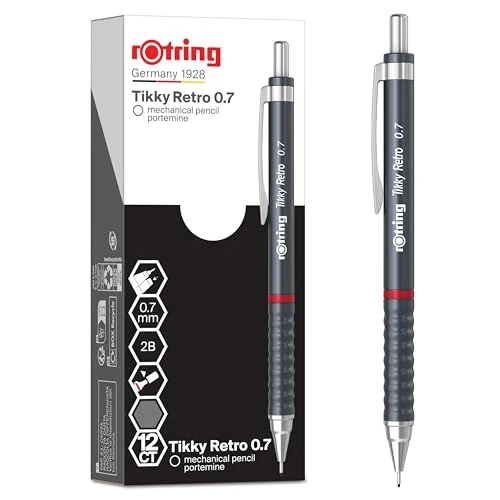 rOtring Tikky Retro Matite Meccaniche | 2B 0,7 mm | Fusto Grigio | con Impugnatura Comfort Ondulata | Confezione da 12