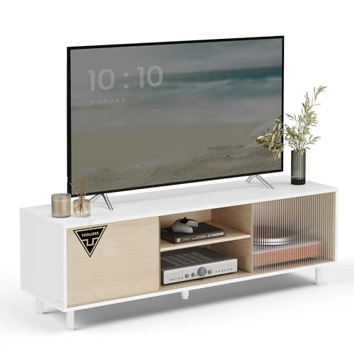 Offerta a tempo: VASAGLE Mobile TV per Televisore fino a 32/45/50/55/60 Pollici, Montaggio Rapido Senza Attrezzi Toolless, per Soggiorno, Vetro Scanalato, Moderno, 140 x 39 x 45 cm, Bianco LTV466W01 - 15% da 85.99 € a 73.09 €