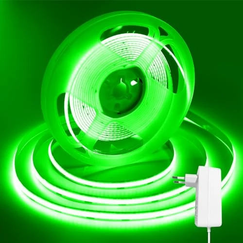 ShineBurky Striscia LED COB 5 Metri Verde, 12V Luci LED Striscia Luminoso Strisce LED Flessibile per Interno Esterno Cucina Natale Camera da Letto Decorazione (con Adattatore di Alimentazione)