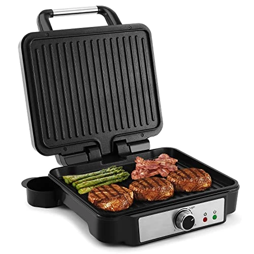 YASHE Panini Press Sandwich Maker, 4 Slices Panini Grill with Non-Stick Coating, Panini Makers with Temperature Control, Opens 180 Degrees, Removable Drip Tray, 1800W, Stainless Steel