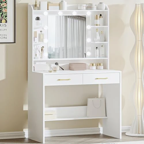 Offerta a tempo: Hzuaneri 80cm Toeletta da Trucco, con specchio e luce LED, Moderno con Specchio, Postazione Make-up con Mensole Aperte e 2 Cassetti, per camera da letto, soggiorno, 40 x 80 x 149cm, Bianco DT08203X - 0.00% da 79.99 € a 79.99 €