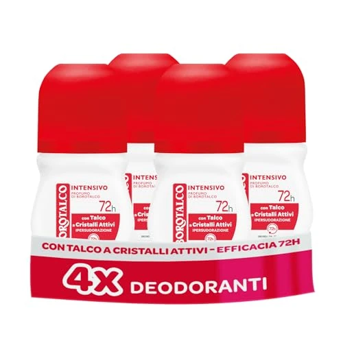 Offerta a tempo: Borotalco, Deodorante Roll-on Intensivo, con Talco a Cristalli Attivi, Ipersudorazione, Senza Alcool, Profumo di Borotalco, 72h efficacia - 4 Pezzi da 50 ml - Esclusiva Amazon - 40% da 18.49 € a 11.09 €