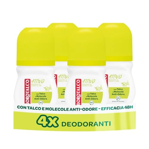 Offerta a tempo: Borotalco, Deodorante Roll-On Attivo Giallo, Talco con Molecole Anti-Odore, Efficacia Fresca, 48h efficacia, Senza Alcool, Profumo di Cedro e Lime - 4 Pezzi da 50 ml - Esclusiva Amazon - 40% da 18.49 € a 11.09 €