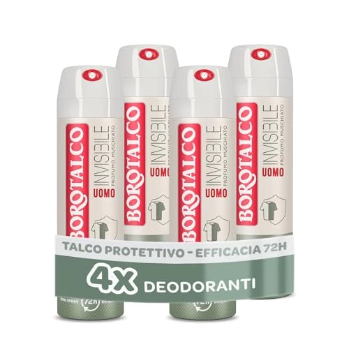 Oferta ograniczona: Borotalco, Dezodorant dla mężczyzn w sprayu, niewidoczny z talkiem ochronnym, przeciw plamom, bez alkoholu, piżmo zapachowe, skuteczność 72 h, 4 sztuki po 150 ml - ekskluzywna Amazon z 72.67 PLN na 72.67 PLN (zniżka 0%)