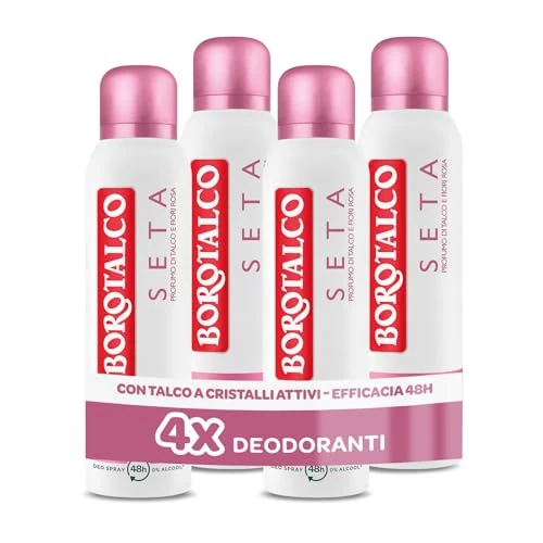 Offerta a tempo: Borotalco, Deodorante Spray Seta, con Talco a Cristalli Attivi, Tripla Protezione Asciutta, Senza Alcool, Profumo di Talco eFiori Rosa, 48h efficacia - 4 Pezzi da 150 ml - Esclusiva Amazon - 40% da 18.49 € a 11.09 €