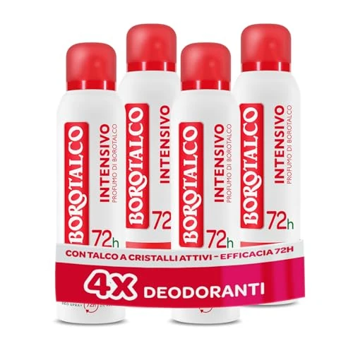 Offerta a tempo: Borotalco, Deodorante Spray Intensivo, con Talco a Cristalli Attivi, Ipersudorazione, Senza Alcool, Profumo di Borotalco, 72h efficacia - 4 Pezzi da 150 ml - Esclusiva Amazon - 40% da 18.49 € a 11.09 €