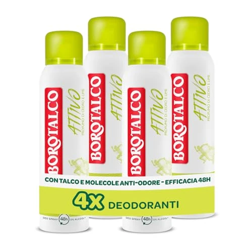 Begrenztes Angebot: Borotalco, Aktives Deodorant Spray Gelb, Talkum mit geruchshemmenden Molekülen, frische Wirksamkeit, 48h Wirksamkeit, ohne Alkohol, Duft von Zeder und Limette - 4 Stück à 150 ml - Exklusiv von Amazon von 23.99 EUR auf 23.99 EUR (Rabatt 0%)