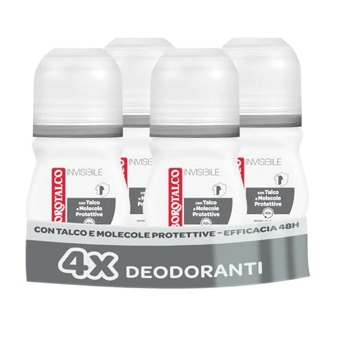 Offerta a tempo: Borotalco, Deodorante Roll-On Invisibile Grigio, con Talco Effetto Barriera, Cattura e Non Trasferisce Aloni, 48h efficacia, Senza Alcool,Profumo Classico - 4 Pezzi da 50 ml - Esclusiva Amazon - 40% da 18.49 € a 11.09 €