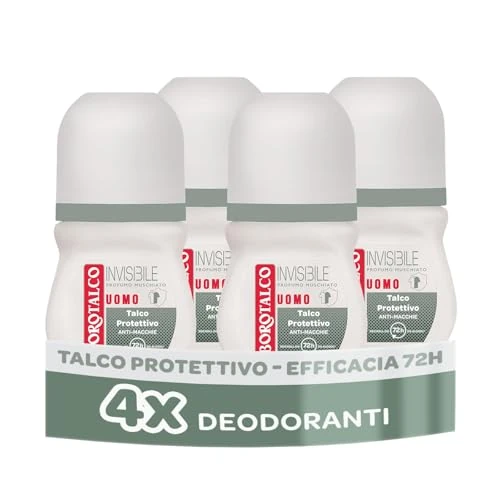 Borotalco, Deo Roll-On für Herren, unsichtbar, mit Talkum, gegen Flecken, ohne Alkohol, Moschusparfüm, 72h Wirksamkeit – 4 Stück à 50 ml – Exklusiv von Amazon