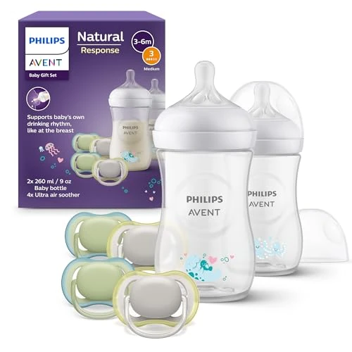 Philips Avent Dziecięcy zestaw upominkowy Natural Response: 2 butelki dla niemowląt Natural Response 260 ml ze smoczkami T3 (1mi), 4 smoczki Ultra Air (model SCD837/13)