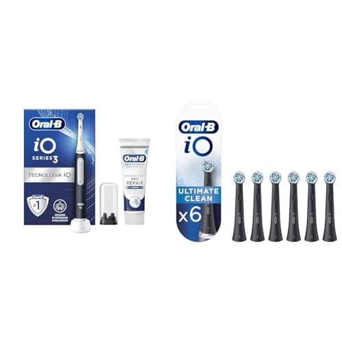 Oral-B Spazzolino Elettrico iO3N, Ultimate Clean Testine e Dentifricio, 2+6 Testine, 2 Spazzolini, Sensore di Pressione, Timer Luminoso, 3 Modalità, Custodia da Viaggio, Nero e Rosa, Idea Regalo