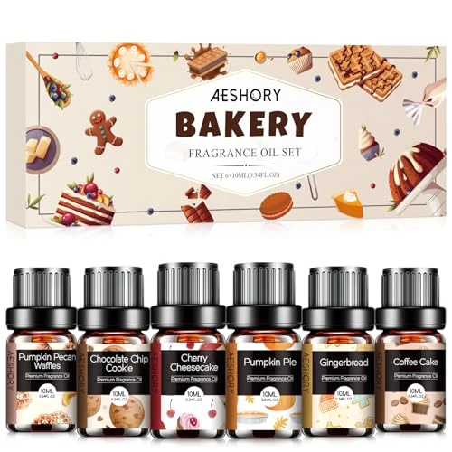 Offerta a tempo: AESHORY Set di Oli Essenziali Aroma di Panetteria 6 x 10ML, Olio Essenziale per Diffusori, SPA, Fabbricazione di Candele - Pan di Zenzero, Torta di Zucca, Cheesecake alla Ciliegia, Torta al Caffè - 33% da 14.99 € a 9.99 €